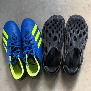 Merrell Black Foam Clog Slip-Ons and Adidas cleats. .